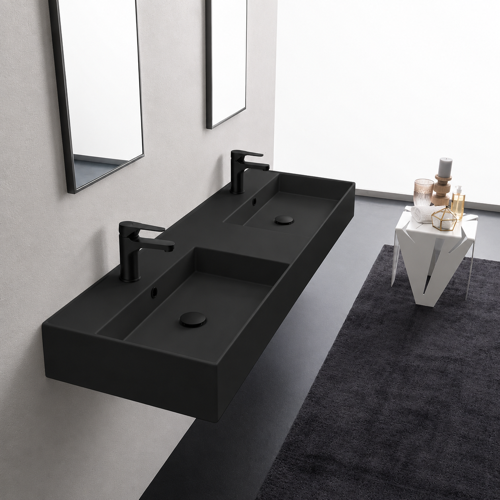 Double Black Ceramic Wall Mounted or Vessel Sink With Counter Space Scarabeo 5116-49