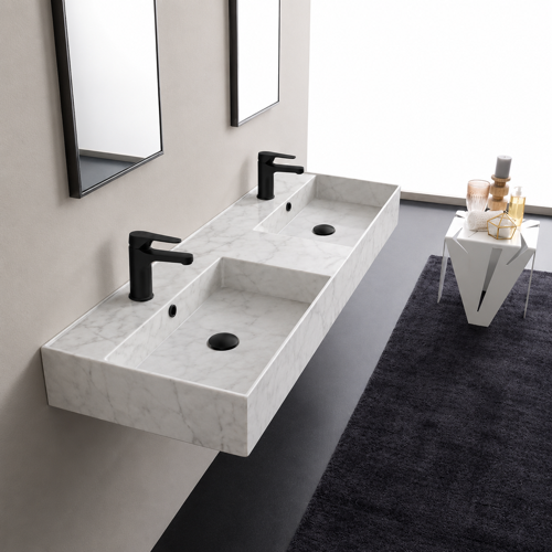 Marble Design Ceramic Wall Mounted or Vessel Double Sink With Counter Space Scarabeo 5116-F