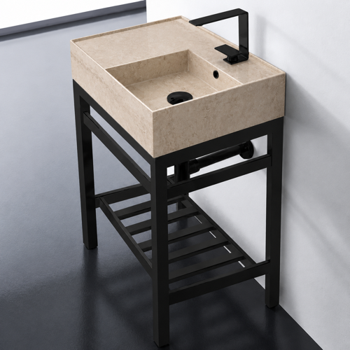 Small Modern Console Sink Vanity, Travertine Style Sink, 24 Inch Scarabeo 5117-E-CON2-BLK