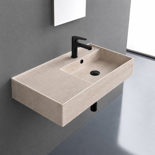 Beige Travertine Design Ceramic Wall Mounted or Vessel Sink With Counter Space Scarabeo 5118-E