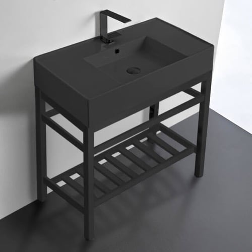 Modern Matte Black Ceramic Console Sink and Matte Black Base, 32 Inch Scarabeo 5123-49-CON2-BLK