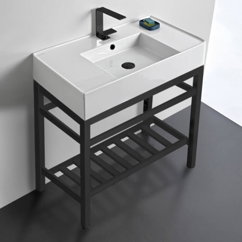 Modern Ceramic Console Sink With Counter Space and Matte Black Base Scarabeo 5123-CON2-BLK