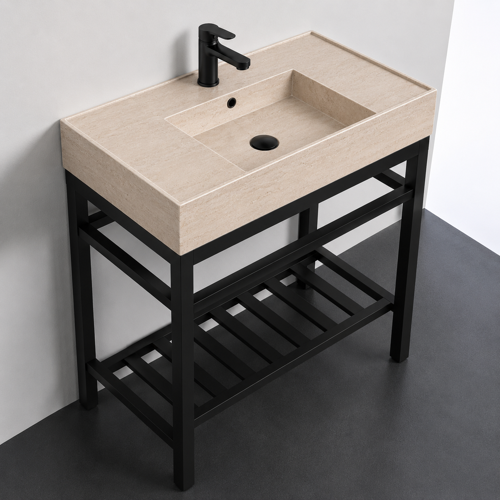 Modern Console Sink Vanity, Travertine Style Sink, 32 Inch Scarabeo 5123-E-CON2-BLK
