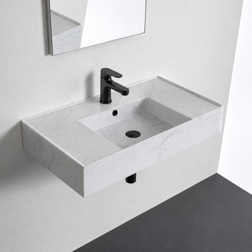 Marble Design Ceramic Wall Mounted or Vessel Sink With Counter Space Scarabeo 5123-F