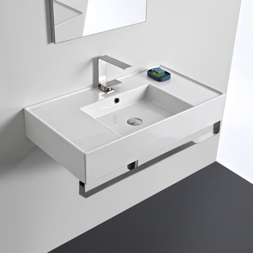 Rectangular Ceramic Wall Mounted Sink With Counter Space, Includes Towel Bar Scarabeo 5123-TB