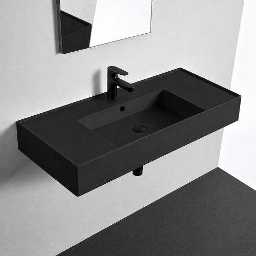 Black Ceramic Wall Mounted or Vessel Sink With Counter Space Scarabeo 5124-49