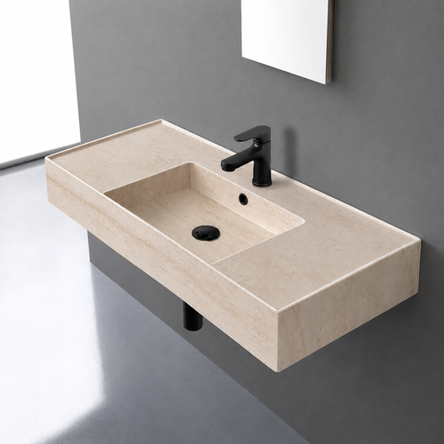 Beige Travertine Design Ceramic Wall Mounted or Vessel Sink With Counter Space Scarabeo 5124-E