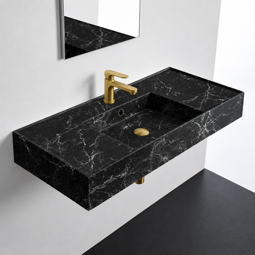Black Marble Design Ceramic Wall Mounted or Vessel Sink With Counter Space Scarabeo 5124-G