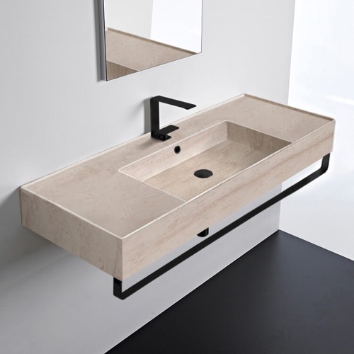 Wall Mounted Beige Travertine Design Ceramic Sink With Black Towel Bar Scarabeo 5125-E-TB-BLK