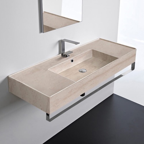 Wall Mounted Beige Travertine Design Ceramic Sink With Polished Chrome Towel Bar Scarabeo 5125-E-TB