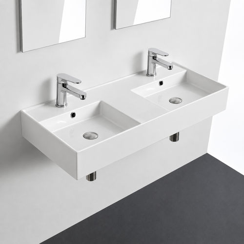 Double Rectangular Ceramic Wall Mounted or Vessel Sink With Counter Space Scarabeo 5142