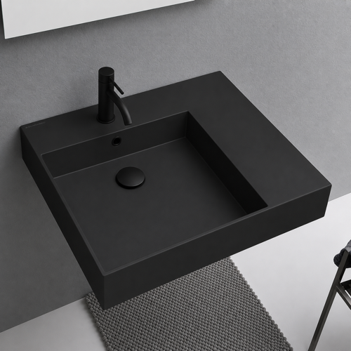 Black Ceramic Wall Mounted or Vessel Sink With Counter Space Scarabeo 5147-49