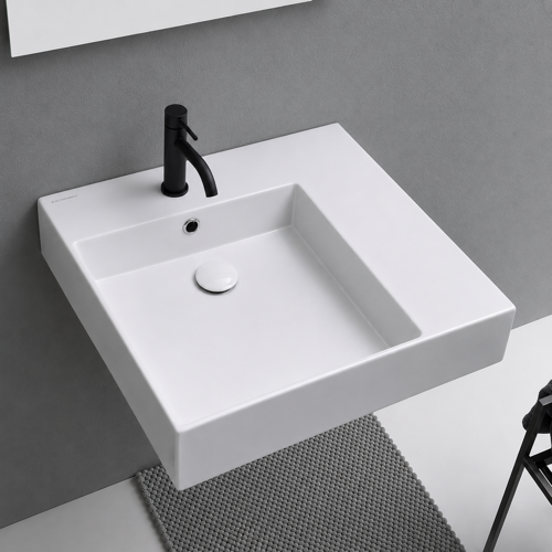 ADA Compliant Bathroom Sink, Rectangular Ceramic Wall Mounted or Vessel Sink With Counter Space Scarabeo 5147