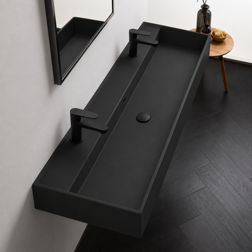 Black Ceramic Trough Wall Mounted or Vessel Sink Scarabeo 5158/R-140B-49