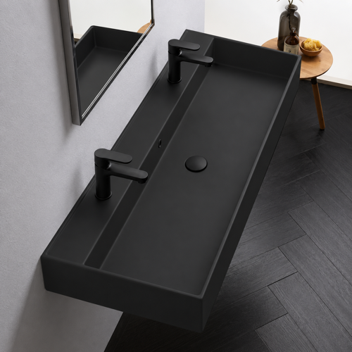 Black Ceramic Trough Wall Mounted or Vessel Sink Scarabeo 8031/R-120B-49