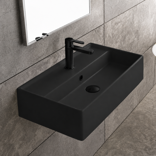 Rectangular Black Ceramic Wall Mounted or Vessel Sink Scarabeo 5002-49