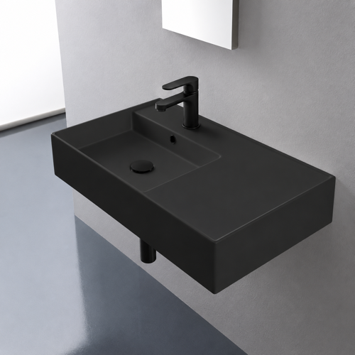 Black Ceramic Wall Mounted or Vessel Sink With Counter Space Scarabeo 5114-49