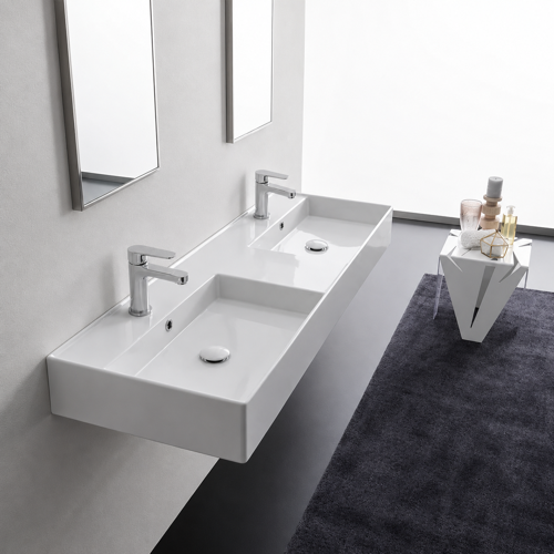 Double Rectangular Ceramic Wall Mounted or Vessel Sink With Counter Space Scarabeo 5116