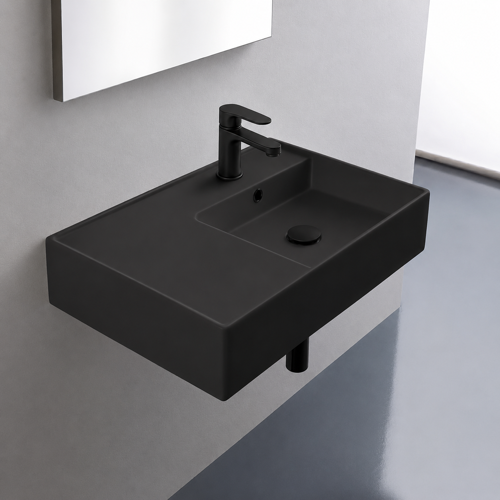 Black Ceramic Wall Mounted or Vessel Sink With Counter Space Scarabeo 5117-49