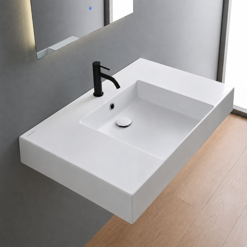 Rectangular Ceramic Wall Mounted or Vessel Sink With Counter Space Scarabeo 5151