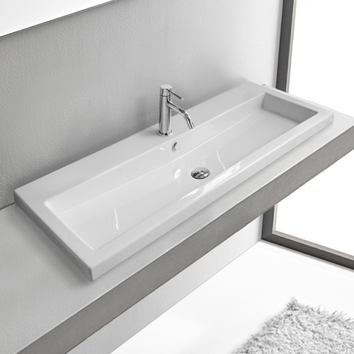 Drop In Bathroom Sink, Trough, White Ceramic Tecla CAN05011A/D