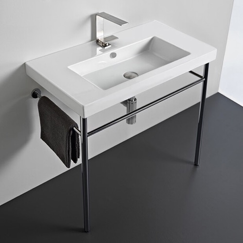 Rectangular Ceramic Console Sink and Polished Chrome Stand, 32