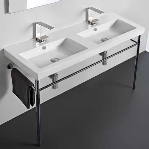 Double Basin Ceramic Console Sink and Polished Chrome Stand, 48