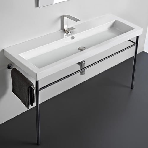 Large Rectangular Ceramic Console Sink and Polished Chrome Stand, 48