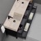 Modern Black Double Bathroom Vanity, 56 Inch, Travertine Style Sink, Free Standing