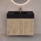 32 Inch Floating Bathroom Vanity With Black Sink - Rustic Brown Oak, Gold Handles, Fluted Cabinet