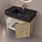32 Inch Floating Bathroom Vanity With Black Sink - Rustic Brown Oak, Gold Handles, Fluted Cabinet