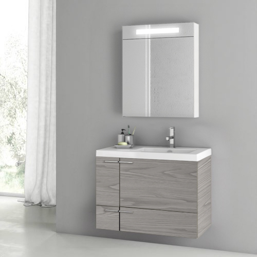 ACF ANS1416 31 Inch Modern Floating Single Bathroom Vanity With Ceramic Sink Top, Grey Walnut
