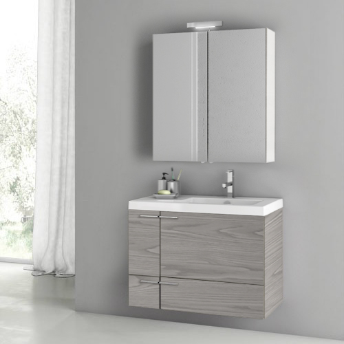 ACF ANS25-Grey Walnut 31 Inch Modern Wall Mount Single Bathroom Vanity With Ceramic Sink Top, Grey Walnut