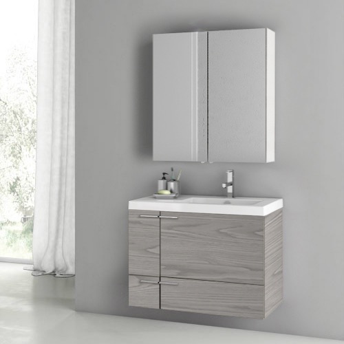 ACF ANS1396 Modern Wall Mounted Bathroom Vanity, 31 Inch, Grey Walnut, With Medicine Cabinet