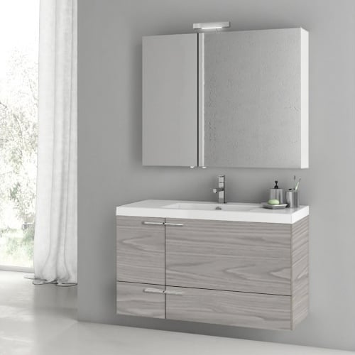 ACF ANS1398 39 Inch Modern Wall Mounted Single Bathroom Vanity With Ceramic Sink Top, Grey Walnut