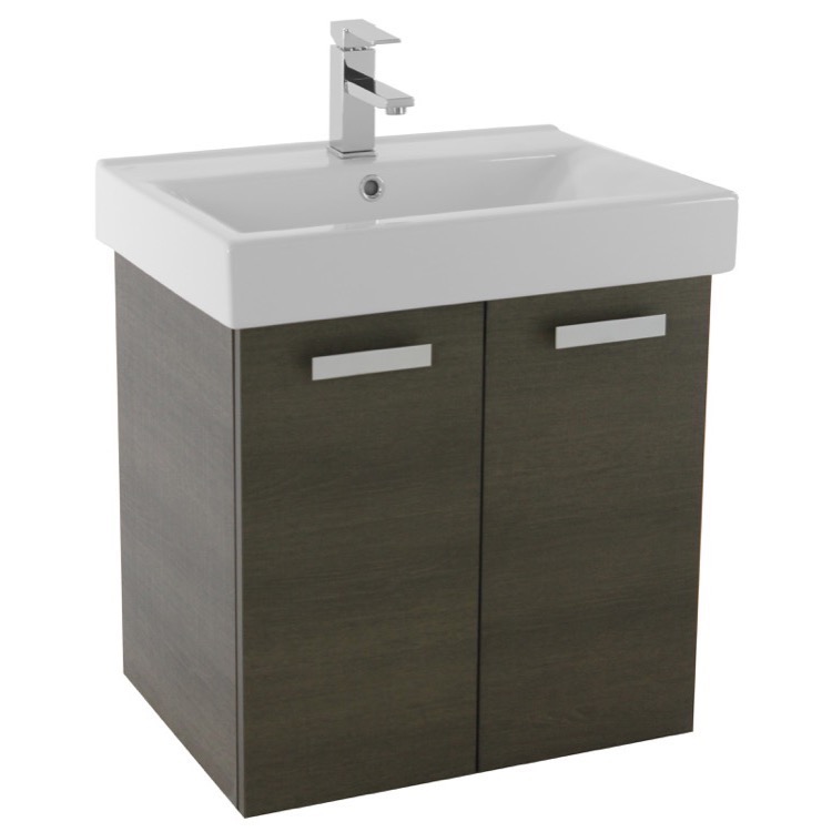 24 Inch Grey Oak Wall Mount Bathroom Vanity With Fitted Ceramic Sink