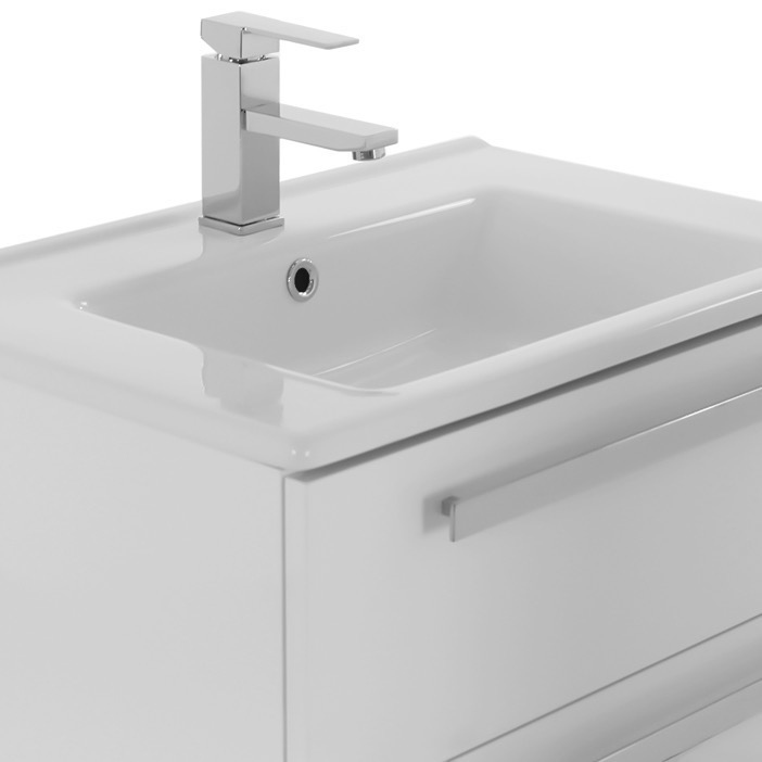 25 Inch Glossy White Wall Mount Bathroom Vanity Set 2 Drawers Medicine Cabinet Included