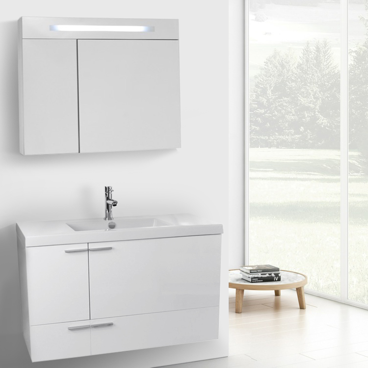 Bathroom Vanity, ACF ANS185, Wall Mount Bath Vanity, Modern, 39 Inch, With Lighted Medicine Cabinet, Glossy White