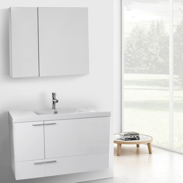 ACF ANS1303 Wall Mounted Bath Vanity, Modern, 39 Inch, Glossy White, With Medicine Cabinet