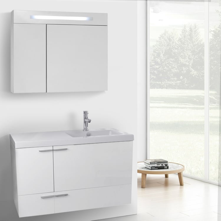 ACF ANS1323 39 Inch Modern Wall Mount Single Bathroom Vanity With Ceramic Sink Top, Glossy White