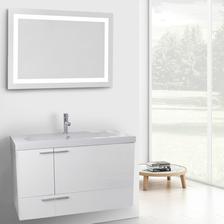 39 Inch Glossy White Bathroom Vanity With Fitted Ceramic Sink Wall Mounted Lighted Mirror Included