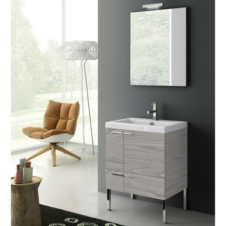 ACF ANS01-Grey Walnut Floor Standing Bathroom Vanity, Modern, 23 Inch, With Mirror, Grey Walnut