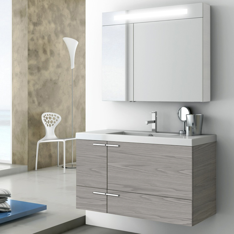 Bathroom Vanity, ACF ANS05-Grey Walnut, Wall Mount Bath Vanity, Modern, 39 Inch, With Lighted Medicine Cabinet, Grey Walnut