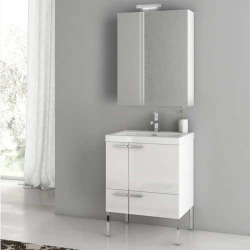 ACF ANS14-Glossy White Small Bathroom Vanity, Free Standing, 23 Inch, Glossy White