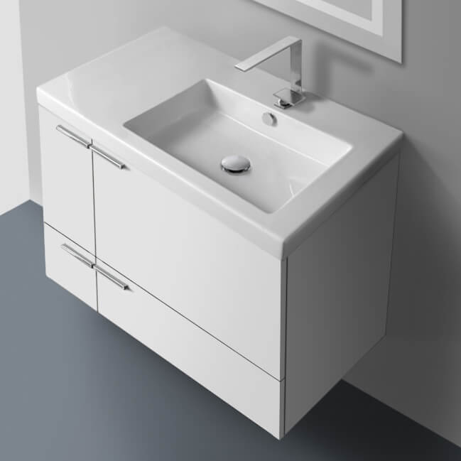 ACF ANS20-Glossy White 31 Inch Modern Wall Mount Single Bathroom Vanity With Ceramic Sink Top, Glossy White