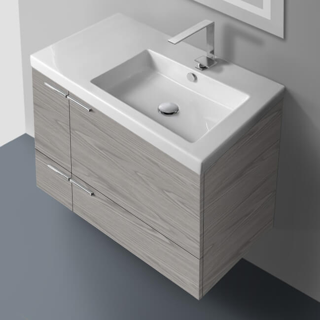 Wall Mount Bathroom Vanity, Modern, 31 Inch, With Counter Space, Sink On Right Side, Grey Walnut ACF ANS20-Grey Walnut