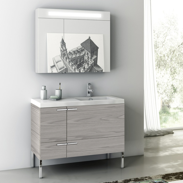 ACF ANS23-Grey Walnut Floor Standing Bath Vanity, Modern, 39 Inch, With Lighted Medicine Cabinet, Grey Walnut