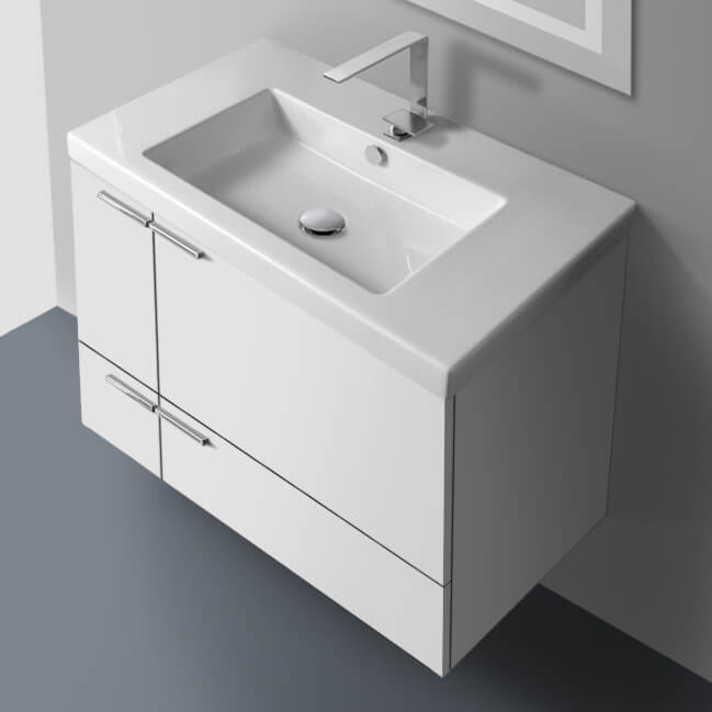 ACF ANS31-Glossy White 31 Inch Modern Wall Mounted Single Bathroom Vanity With Ceramic Sink Top, Glossy White