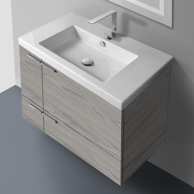 ACF ANS31-Grey Walnut 31 Inch Modern Wall Mounted Single Bathroom Vanity With Ceramic Sink Top, Grey Walnut