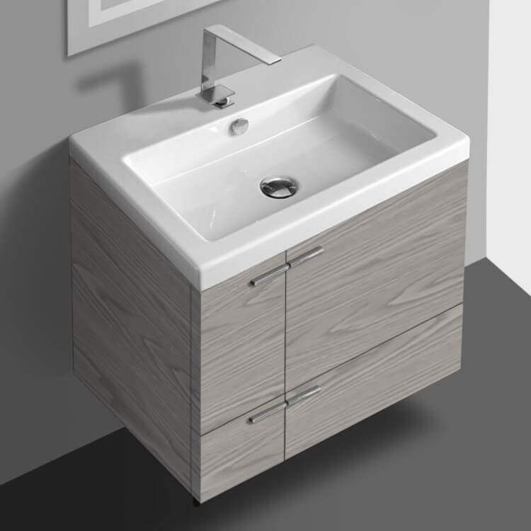 ACF ANS32-Grey Walnut 23 Inch Small Wall Mount Single Bathroom Vanity With Ceramic Sink Top, Grey Walnut